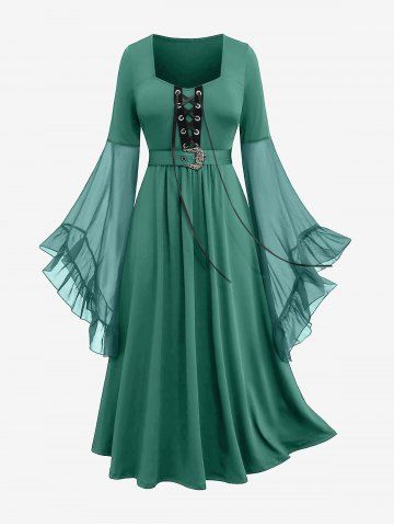 Plus Size Grommets Lace Up Mesh Bell Sleeves Buckle Belt Dress - LIGHT GREEN - 2X | US 18-20