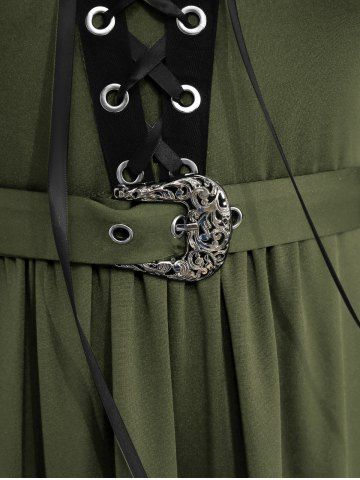 Plus Size Medieval Renaissance Grommets Lace Up Mesh Bell Sleeves Buckle Belt Dress