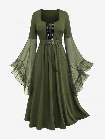 Plus Size Grommets Lace Up Mesh Bell Sleeves Buckle Belt Dress - GREEN - 5X | US 30-32