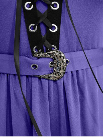 Plus Size Medieval Renaissance Grommets Lace Up Mesh Bell Sleeves Buckle Belt Dress