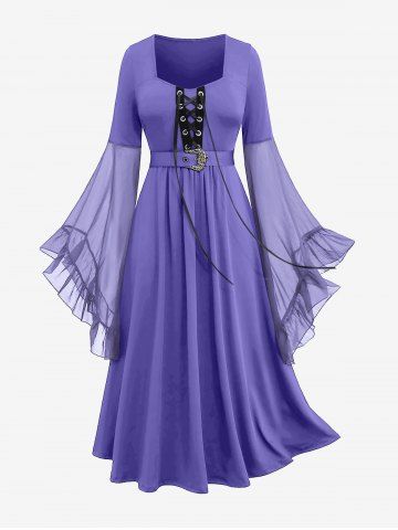 Plus Size Grommets Lace Up Mesh Bell Sleeves Buckle Belt Dress - LIGHT PURPLE - L | US 12