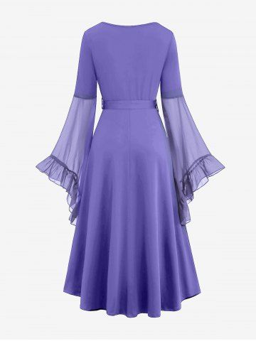 Plus Size Medieval Renaissance Grommets Lace Up Mesh Bell Sleeves Buckle Belt Dress