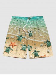 Plus Size Sea Creatures Turtle Starfish Waves Print Hawaii Beach Shorts For Men -  