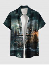 Plus Size Sailboat Castle Sea Waves Print Buttons Pocket Hawaii Cruise Shirt For Men -  