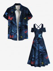 Tenue de Plage Grande Taille Imprimée de Feuilles Tropicales Colorées - Bleu de Minuit 