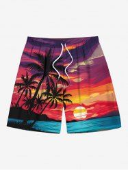 Plus Size Coconut Tree Ombre Dusk Sunset Sea Print Hawaii Drawstring Beach Shorts For Men -  