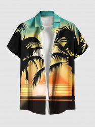Plus Size Coconut Tree Sun Ombre Colorblock Print Buttons Pocket Hawaii Shirt For Men -  