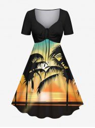 Plus Size Coconut Tree Sun Ombre Colorblock Print Cinched Hawaii Dress -  
