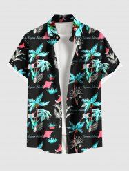 Plus Size Coconut Tree Bird Letters Print Hawaii Button Pocket Shirt For Men -  