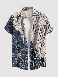 Plus Size Floral Wave Line Two Tone Print Hawaii Button Pocket Shirt For Men -  