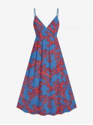 Robe Superposée Ligne A Bicolroe Branche de Corail Imprimée de Grande Taille - Bleu M
