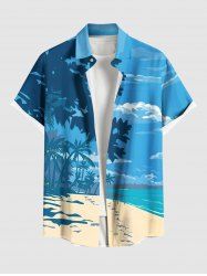 Plus Size Coconut Tree Sea Beach Ombre Sky Print Hawaii Button Pocket Shirt For Men -  
