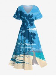 Plus Size Coconut Tree Sea Beach Ombre Sky Print Hawaii Split Pocket A Line Midi Dress -  
