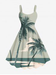 Plus Size Coconut Tree Sea Beach Cloud Print Hawaii A Line Tank Dress - Vert L