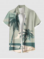Plus Size Coconut Tree Sea Beach Cloud Print Hawaii Button Pocket Shirt For Men -  