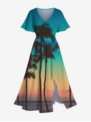 Plus Size Coconut Tree Sea Ombre Dusk Sky Print Hawaii Split Pocket A Line Midi Dress - Bleu 5X