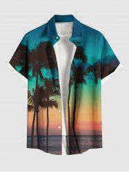 Plus Size Coconut Tree Sea Ombre Dusk Sky Print Hawaii Button Pocket Shirt For Men -  