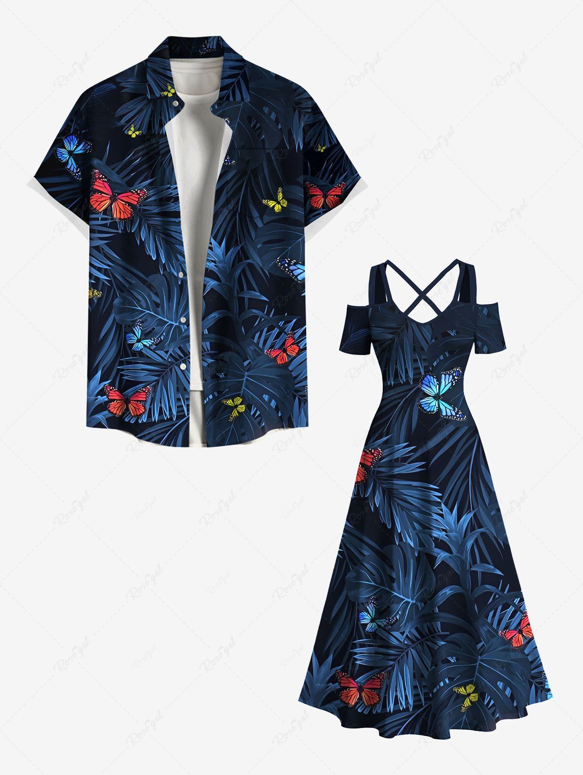Tenue de Plage Grande Taille Imprimée de Feuilles Tropicales Colorées Bleu de Minuit 
