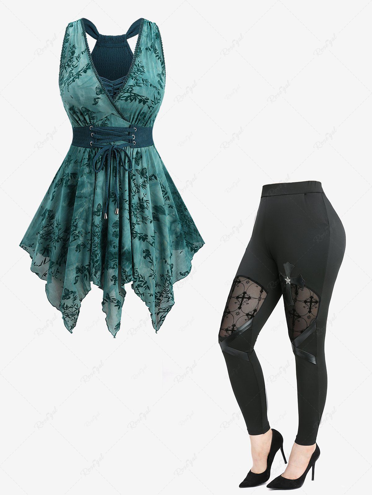 Affordable Flowers Butterfly Flocking Surplice Lace Up Tank Top and Patchwork Leggings Plus Size Outfit  