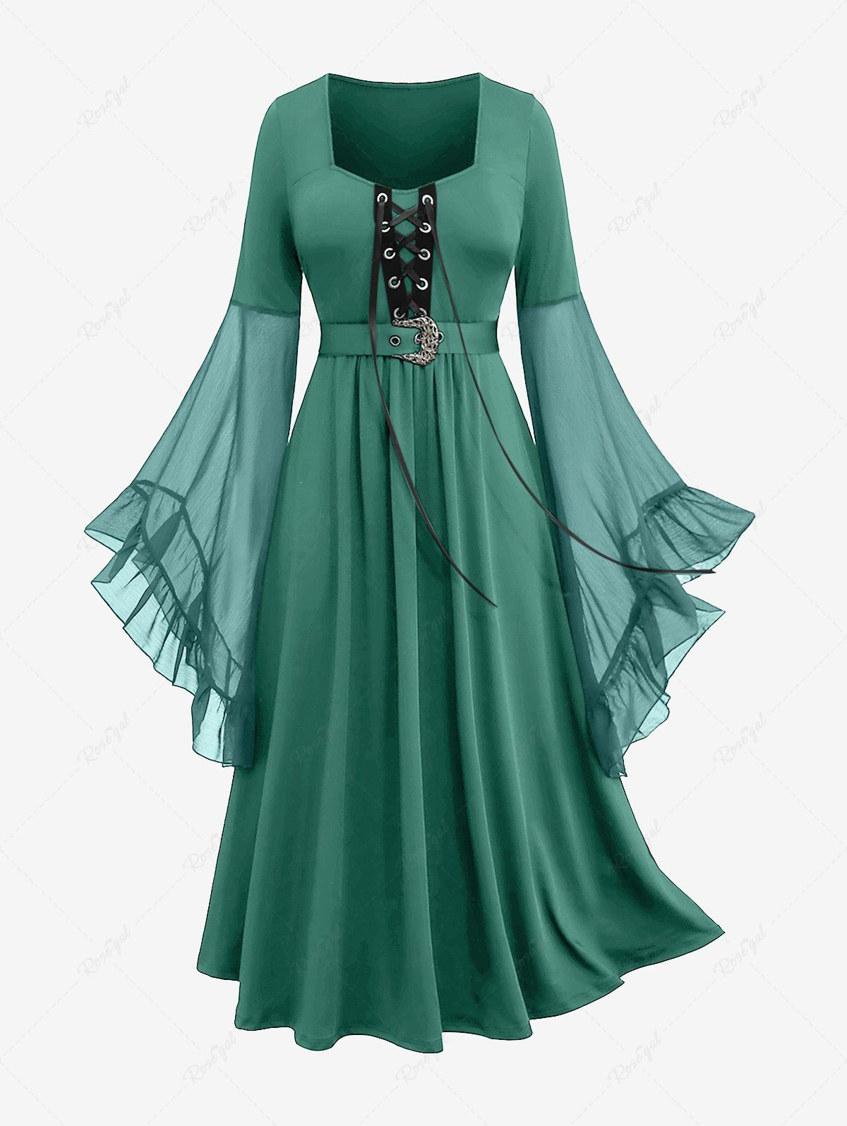 Outfit Plus Size Grommets Lace Up Mesh Bell Sleeves Buckle Belt Dress  
