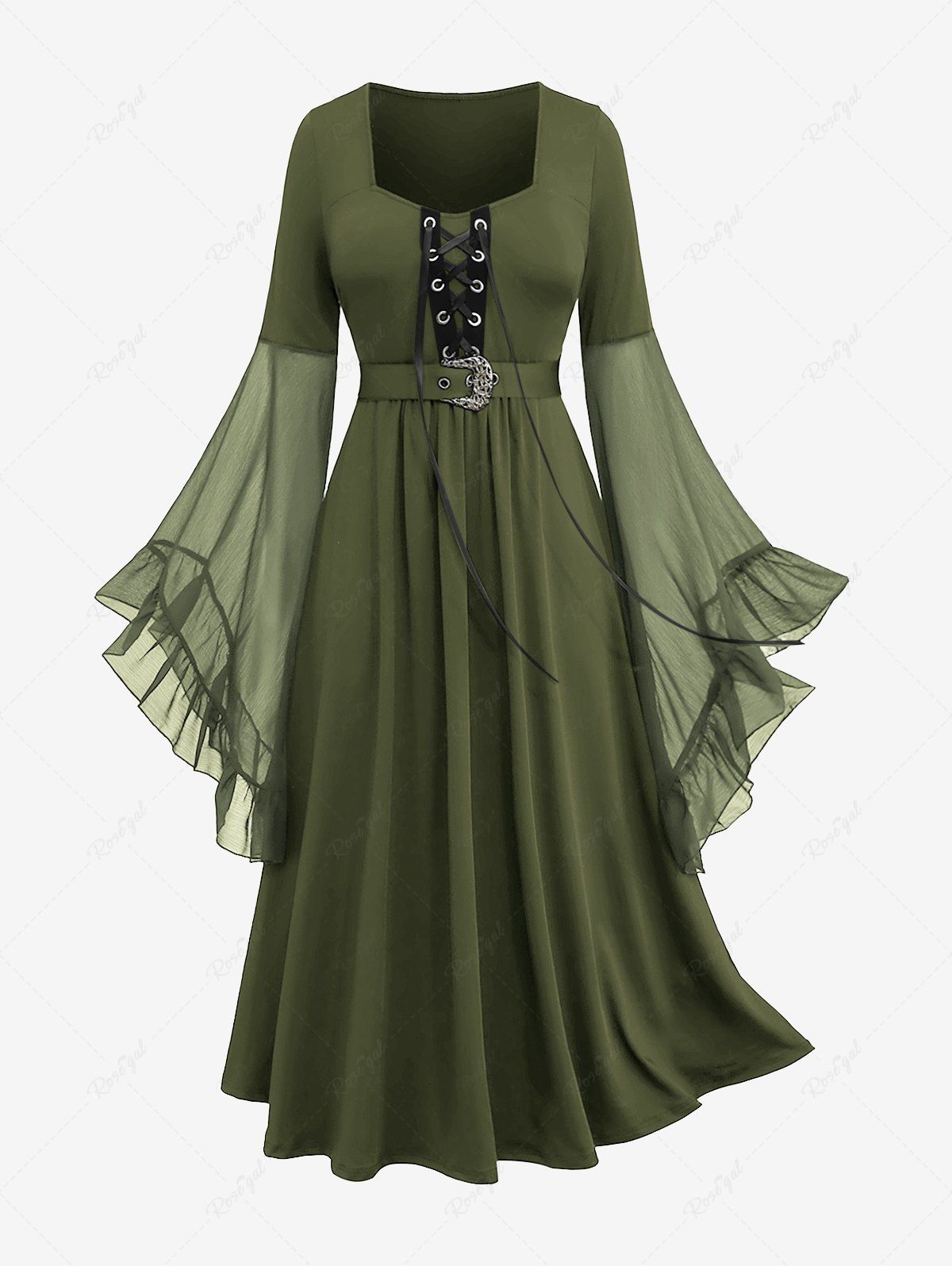 Outfit Plus Size Grommets Lace Up Mesh Bell Sleeves Buckle Belt Dress  