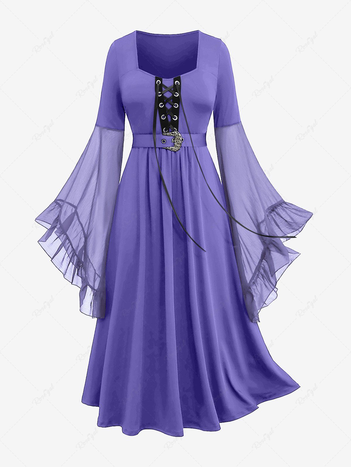 Affordable Plus Size Grommets Lace Up Mesh Bell Sleeves Buckle Belt Dress  