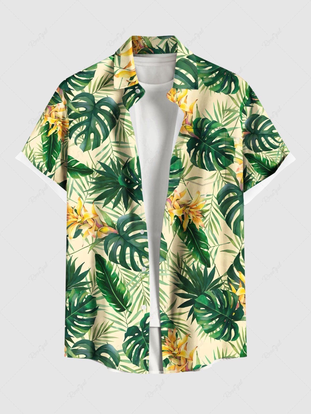 New Plus Size Tropical Leaf Flower Print Buttons Pocket Hawaii Shirt For Men  