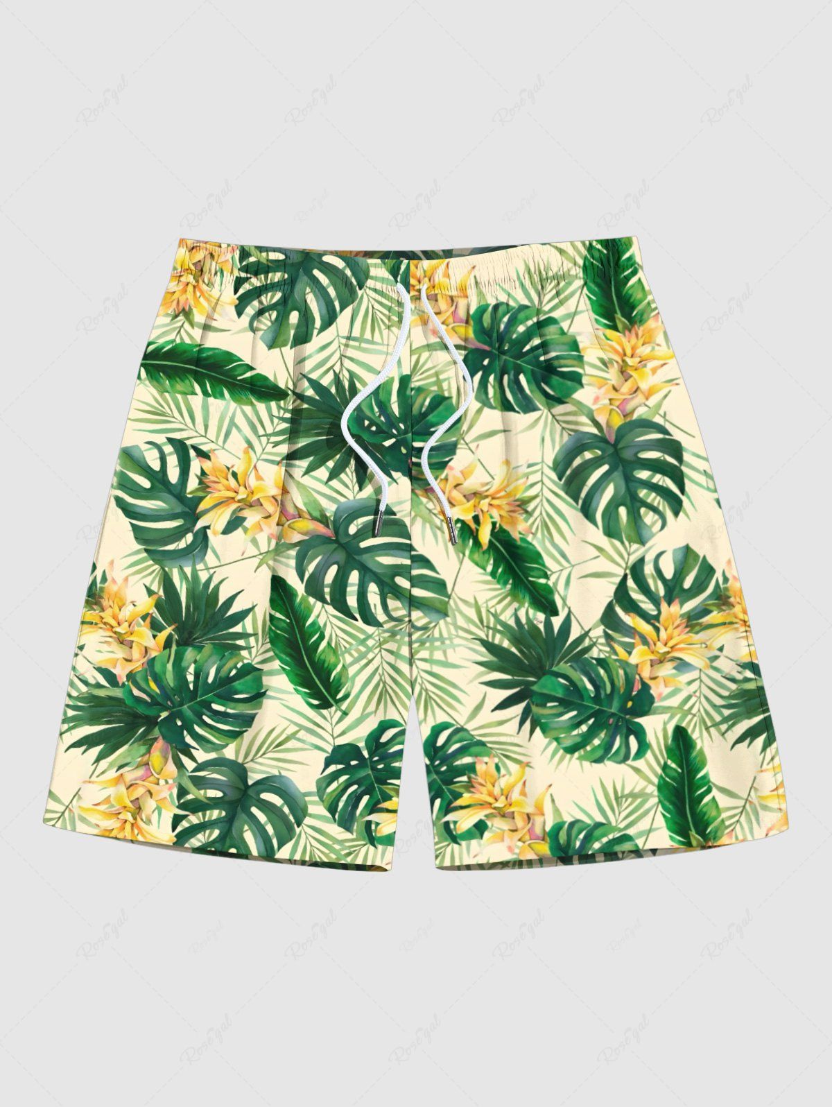 Discount Plus Size Tropical Leaf Flower Print Hawaii Beach Shorts  