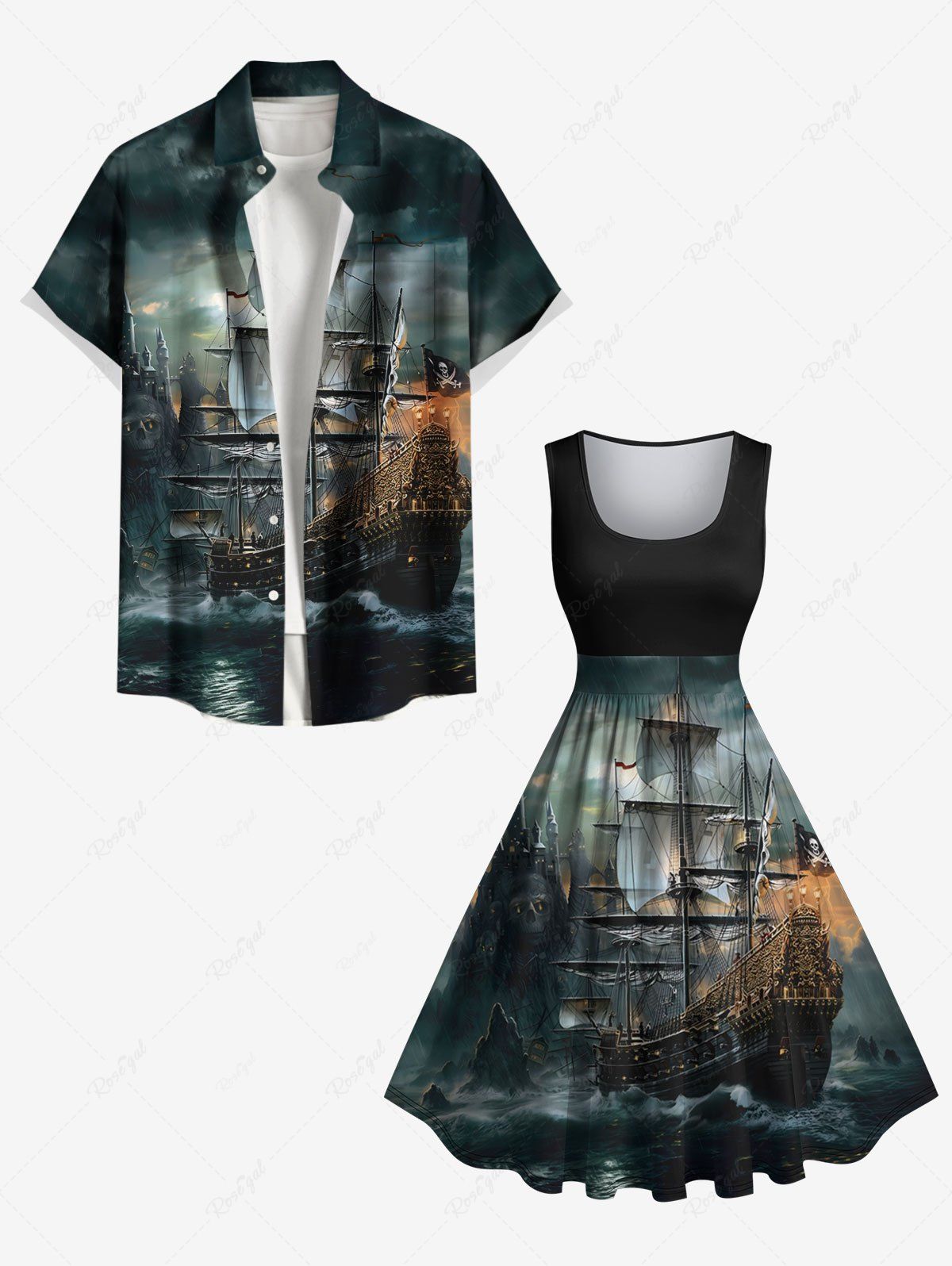 Costume Élégante Mince à Imprimé Château et Vagues Grande Taille pour Couples Noir 