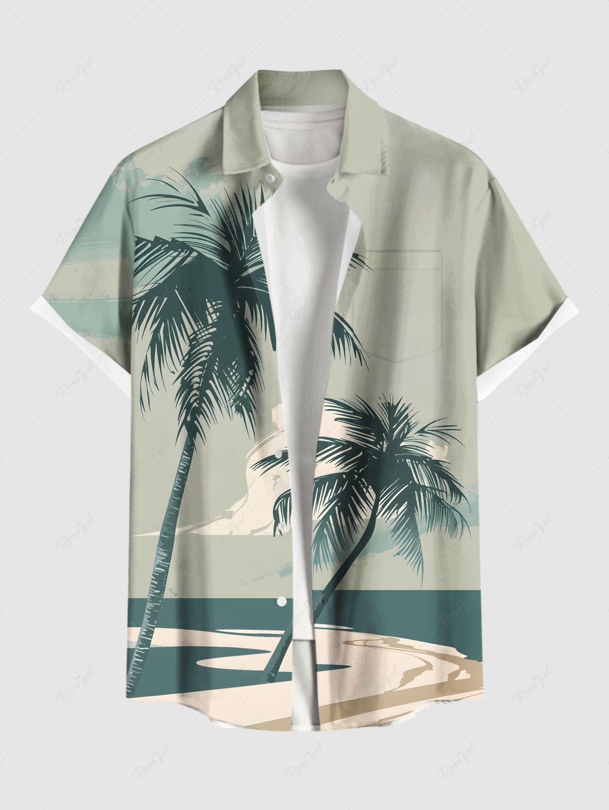 Trendy Plus Size Coconut Tree Sea Beach Cloud Print Hawaii Button Pocket Shirt For Men  