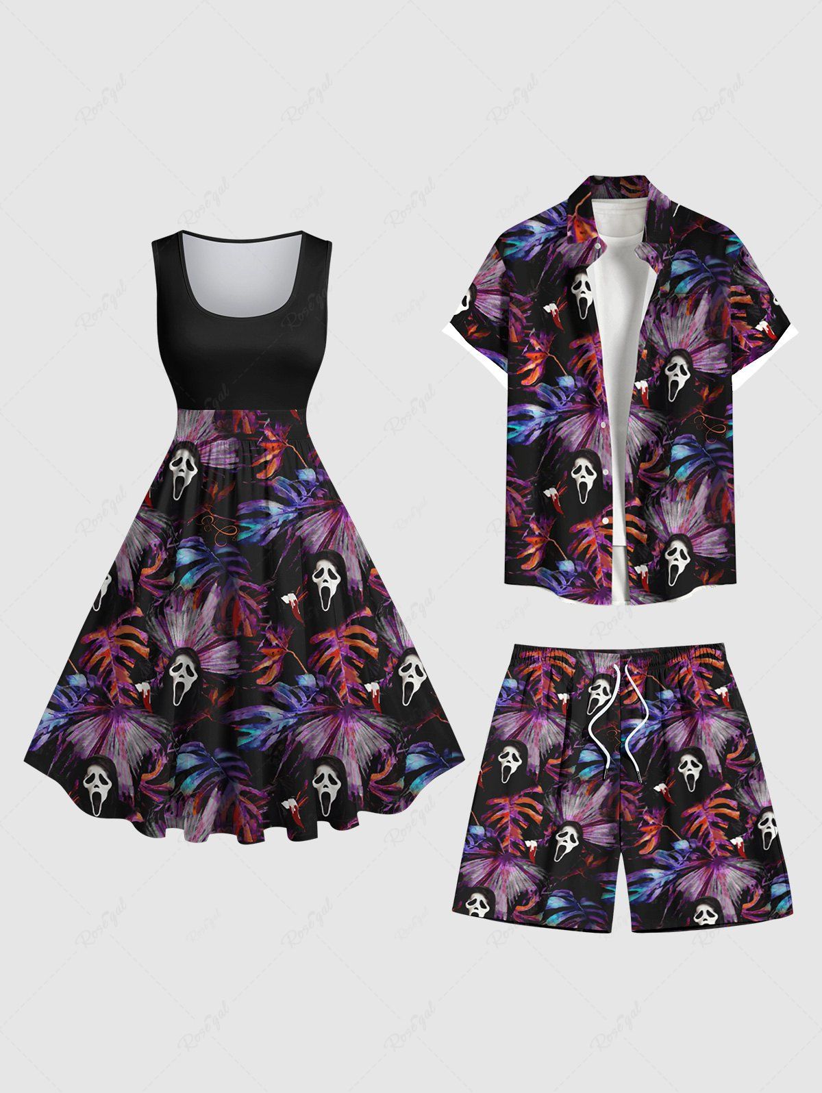 Affordable Tropical Leaf Ghost Print Plus Size Matching Hawaii Beach Outfit For Couples  