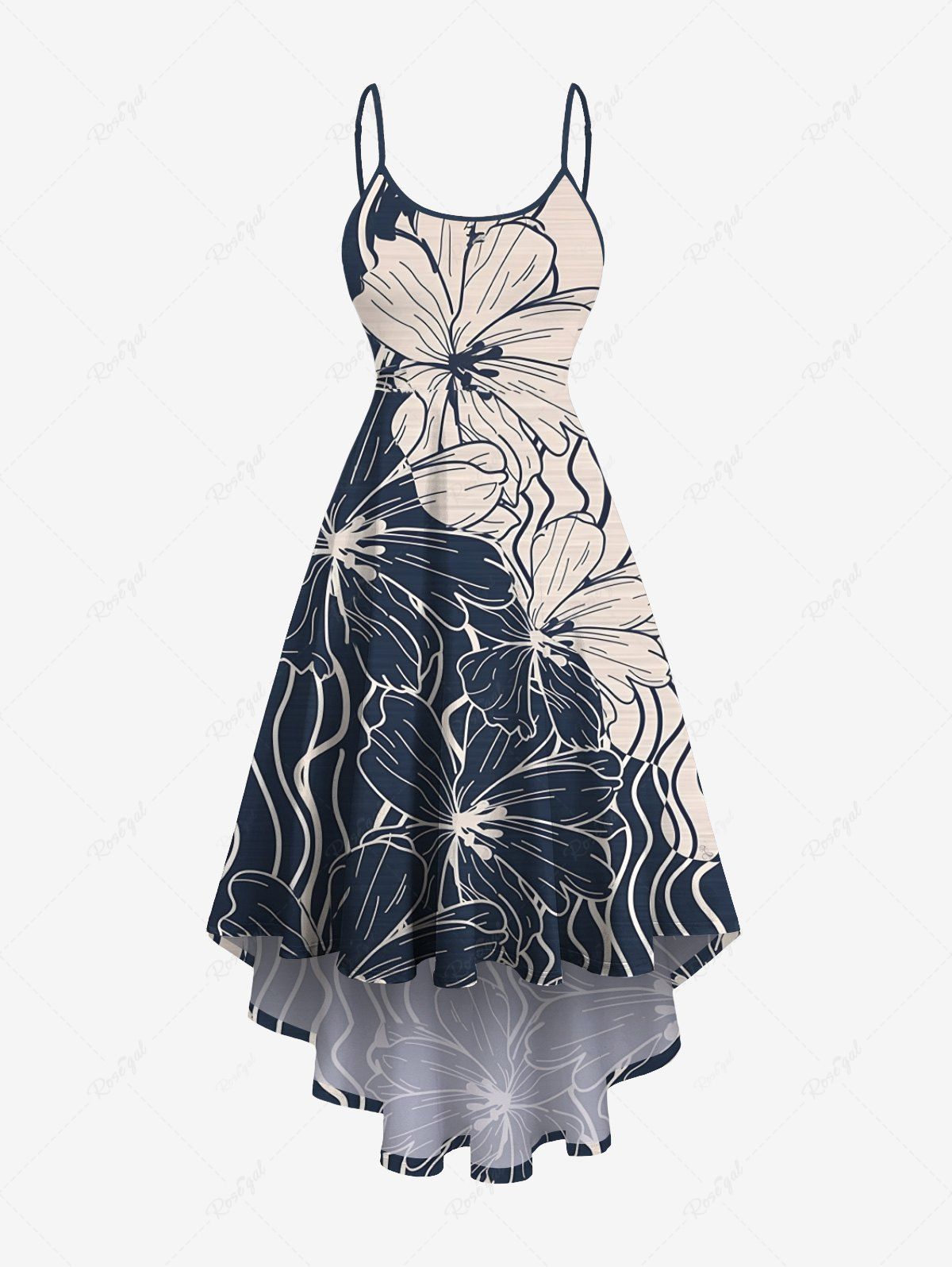 Fancy Plus Size Floral Wave Line Two Tone Print Hawaii High Low Asymmetric Cami Dress  