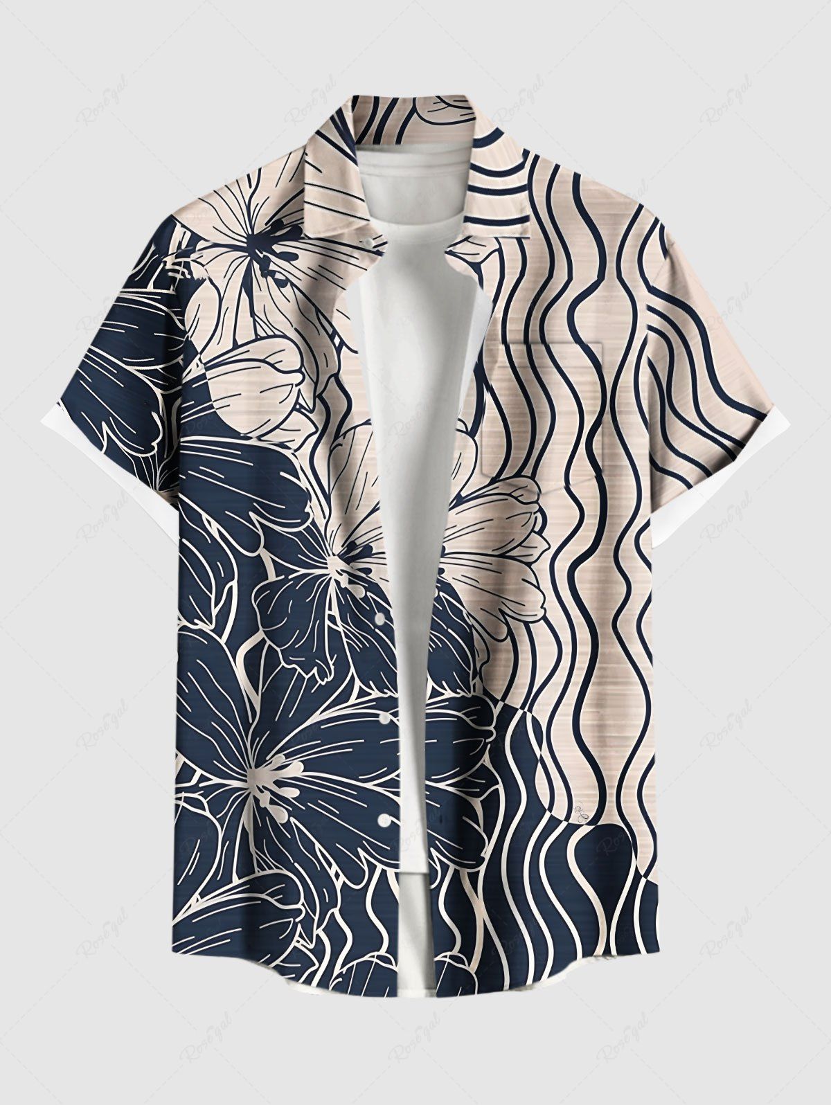 Chic Plus Size Floral Wave Line Two Tone Print Hawaii Button Pocket Shirt For Men  