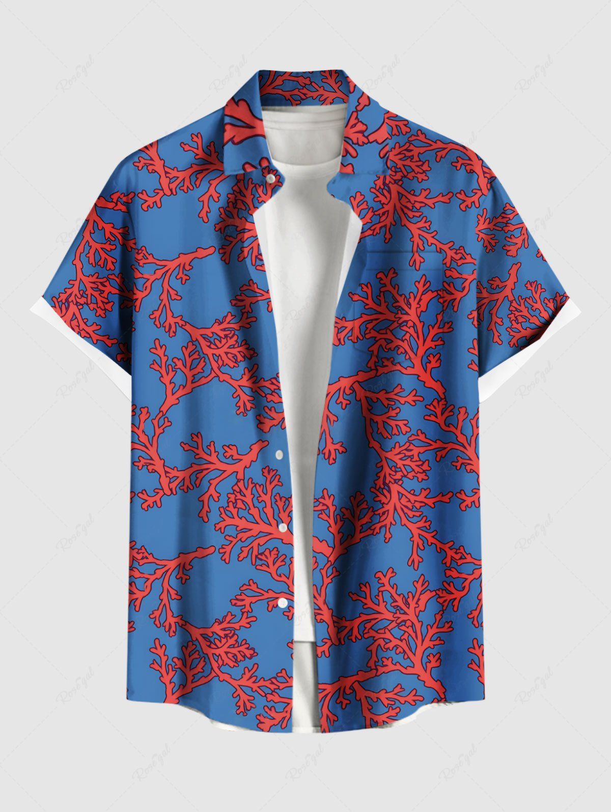 Cheap Plus Size Coral Branch Two Tone Print Hawaii Button Pocket Shirt For Men  