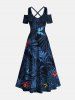 Tenue de Plage Grande Taille Imprimée de Feuilles Tropicales Colorées - Bleu de Minuit 