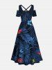 Tenue de Plage Grande Taille Imprimée de Feuilles Tropicales Colorées - Bleu de Minuit 