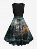Costume Élégante Mince à Imprimé Château et Vagues Grande Taille pour Couples - Noir 