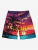Plus Size Coconut Tree Ombre Dusk Sunset Sea Print Hawaii Drawstring Beach Shorts For Men -  
