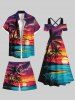 Plus Size Coconut Tree Ombre Dusk Sunset Sea Print Hawaii Drawstring Beach Shorts For Men -  