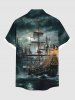 Plus Size Sailboat Castle Sea Waves Print Buttons Pocket Hawaii Cruise Shirt For Men -  