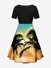 Plus Size Coconut Tree Sun Ombre Colorblock Print Cinched Hawaii Dress -  