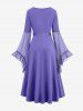 Plus Size Grommets Lace Up Mesh Bell Sleeves Buckle Belt Dress -  
