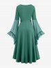 Plus Size Grommets Lace Up Mesh Bell Sleeves Buckle Belt Dress -  