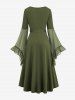 Plus Size Grommets Lace Up Mesh Bell Sleeves Buckle Belt Dress -  