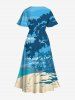 Plus Size Coconut Tree Sea Beach Ombre Sky Print Hawaii Split Pocket A Line Midi Dress -  