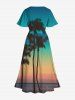 Plus Size Coconut Tree Sea Ombre Dusk Sky Print Hawaii Split Pocket A Line Midi Dress - Bleu 5X