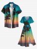 Plus Size Coconut Tree Sea Ombre Dusk Sky Print Hawaii Split Pocket A Line Midi Dress - Bleu 5X