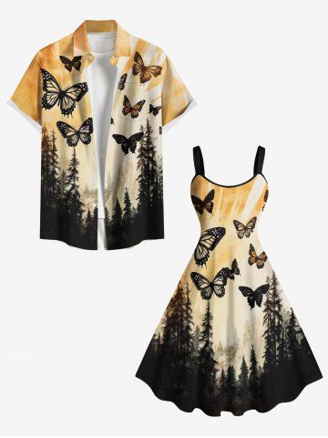 Tree Forest Butterfly Sunset Ombre Print Plus Size Matching Hawaii Beach Outfit For Couples - ORANGE