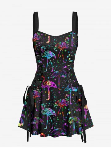 Flamingo Colorful Galaxy Print Hawaii Lace Up A Line Tank Dress - BLACK - L