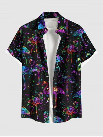 Plus Size Flamingo Colorful Galaxy Print Hawaii Button Pocket Shirt For Men - BLACK - 2XL